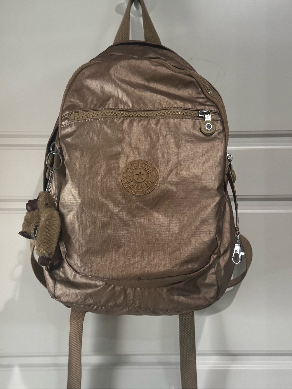 Kipling Metallic Bronze Everyday Backpack with Monkey Charm